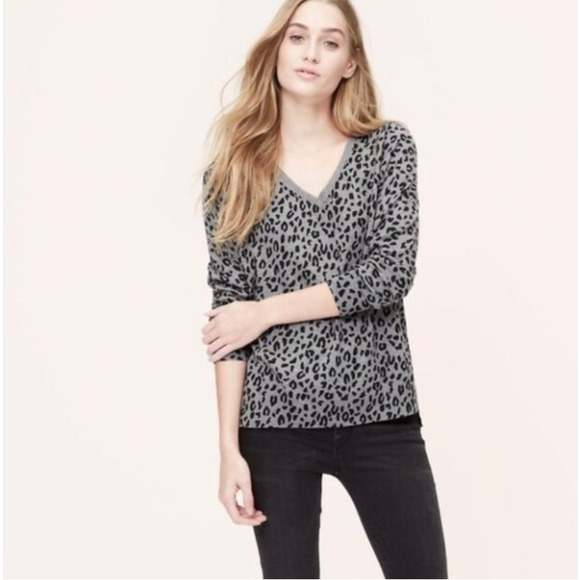 LOFT • Leopard Print Mixed Media Sweater V Neck - Picture 1 of 7